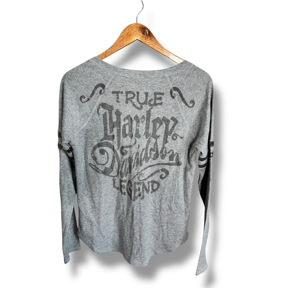Harley Davidson Y2k Henley True Legend Thermal Top Sequin Bling Womens Large - Picture 2 of 8